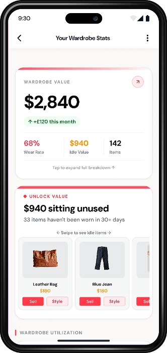 Wdrbe app showing wardrobe statistics