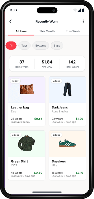 Wdrbe app showing recently worn items