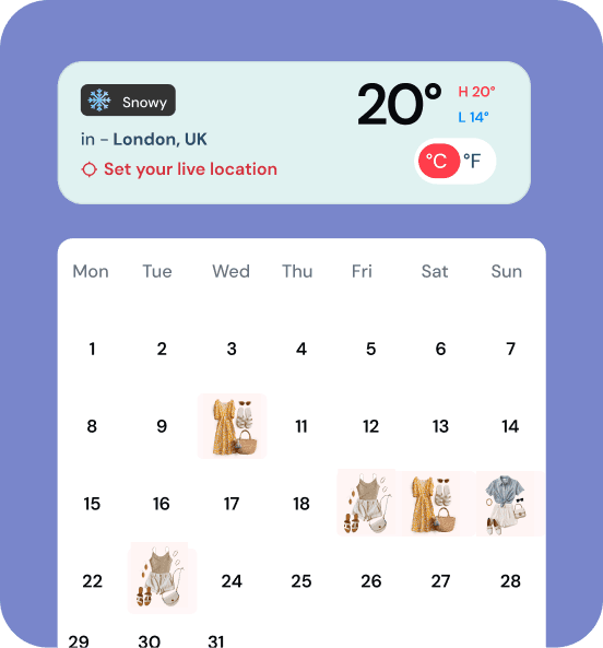 An outfit calendar with the weather forecast at the top