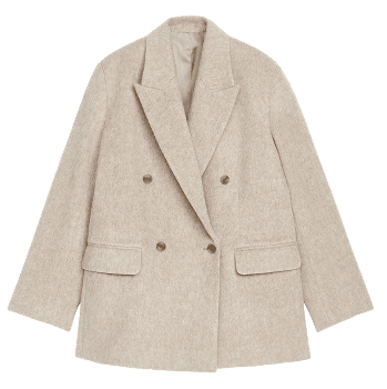 A beige double-breasted wool coat being scanned