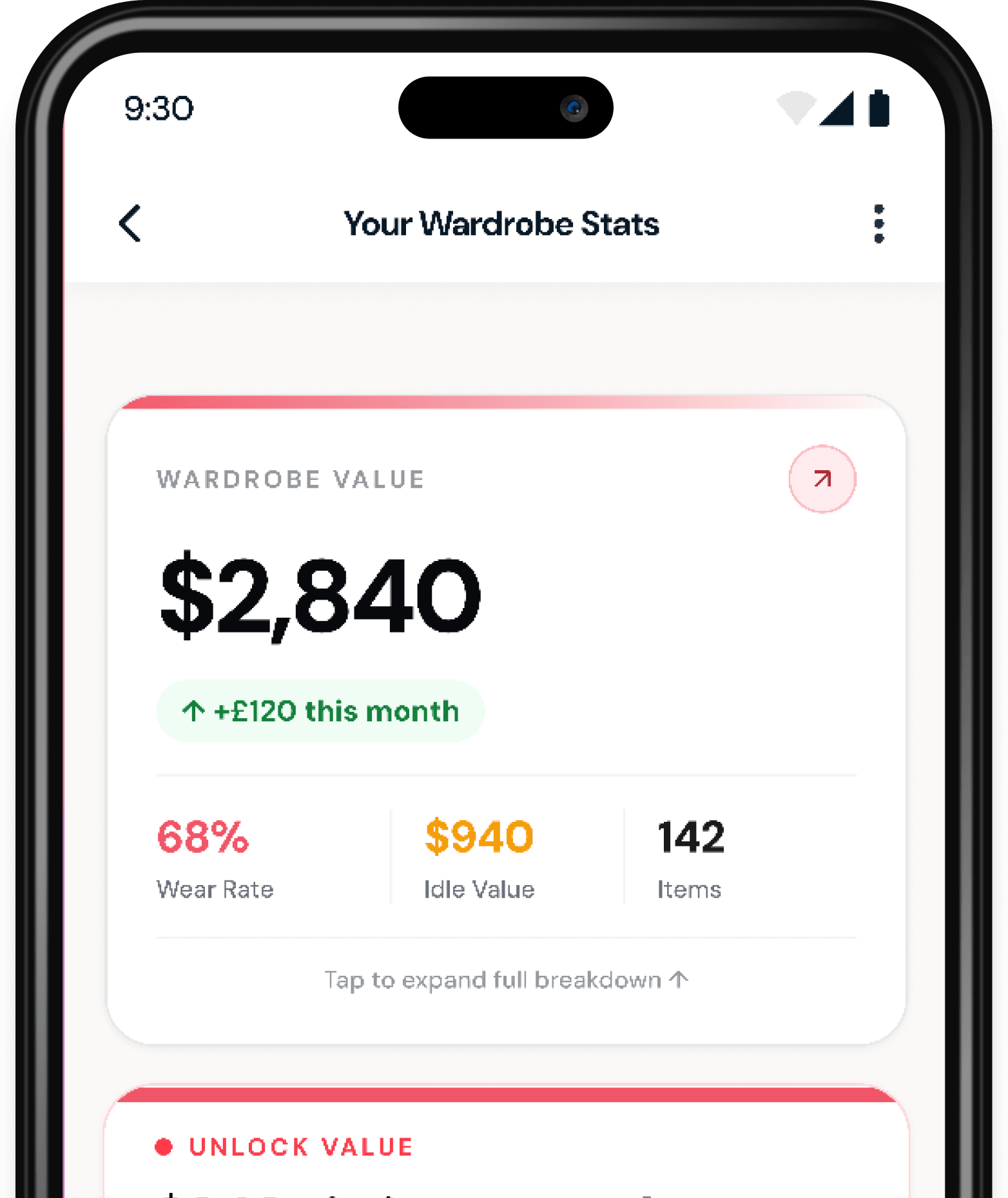 Wdrbe app showing your wardrobe value