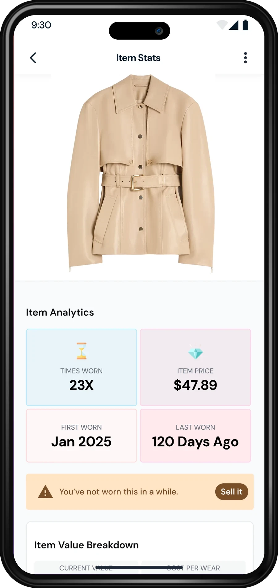 Item stats for a jacket: times worn, price, first worn and last worn