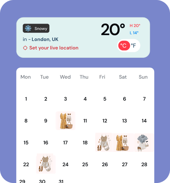 An outfit calendar with the weather forecast at the top