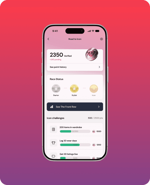 The Road to Icon dashboard in the Wdrbe app, showing points, race status and Icon challenges